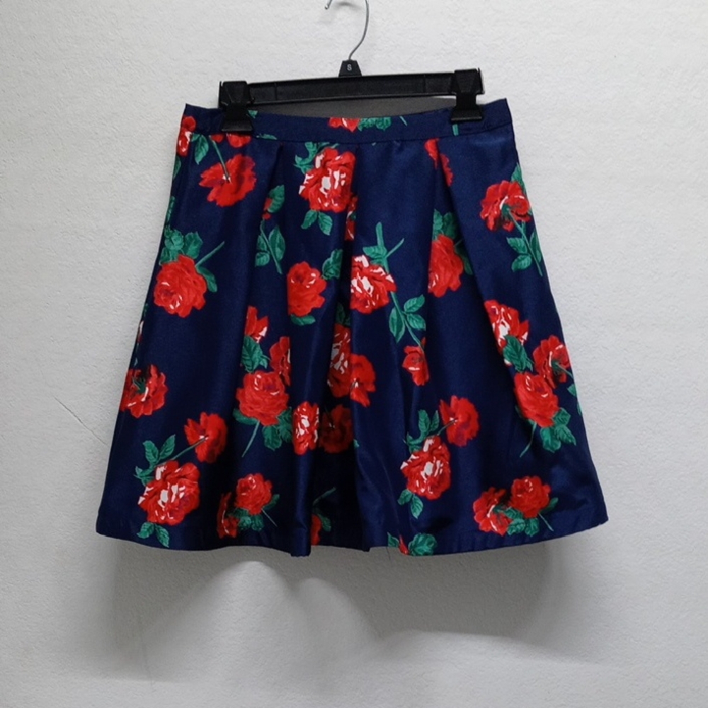 Sequin Hearts Navy Blue And Red Rose Floral Print A-Line Tulle Skirt